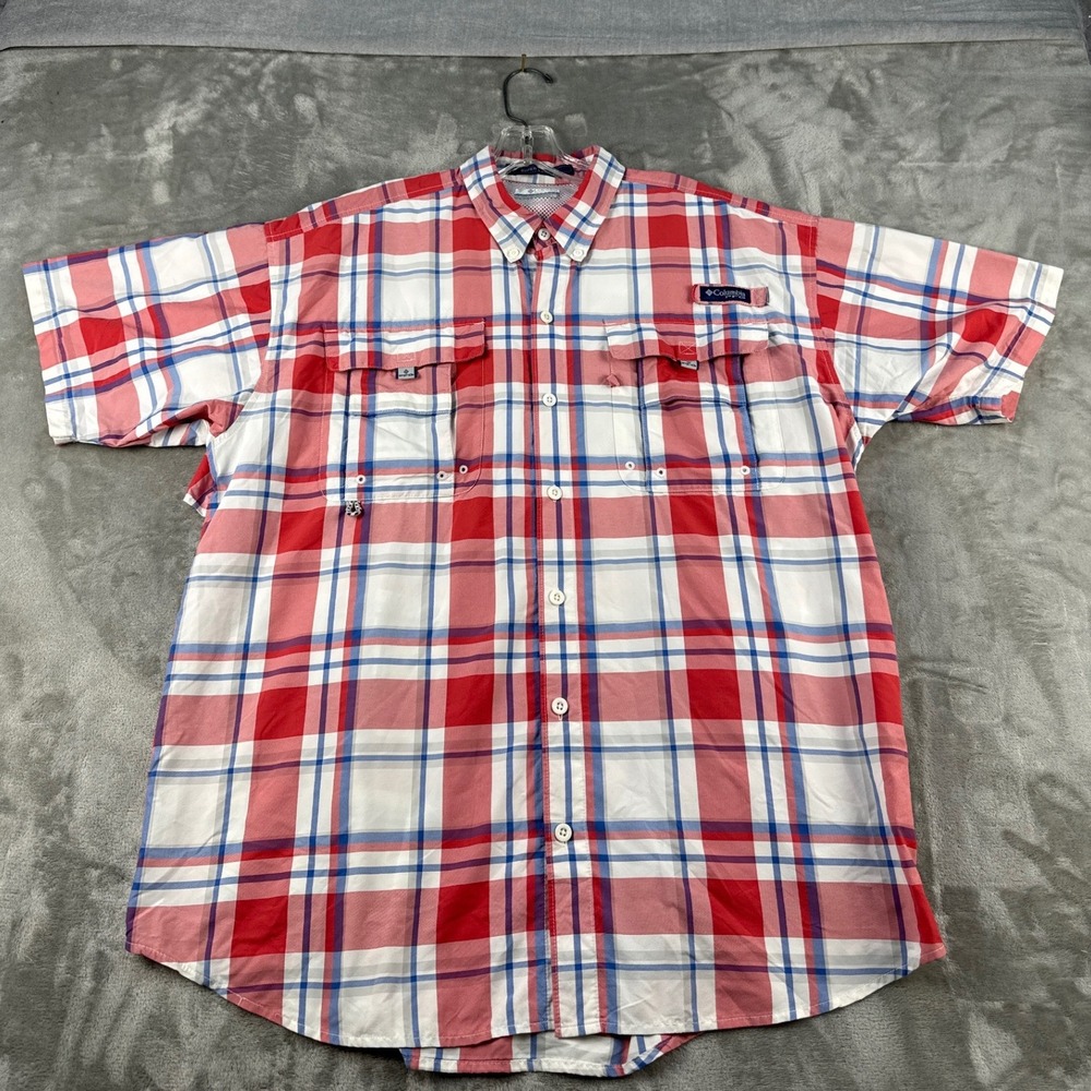 Columbia Fishing Shirt Mens Large Super Bahama Red White Blue Plaid PFG EUC